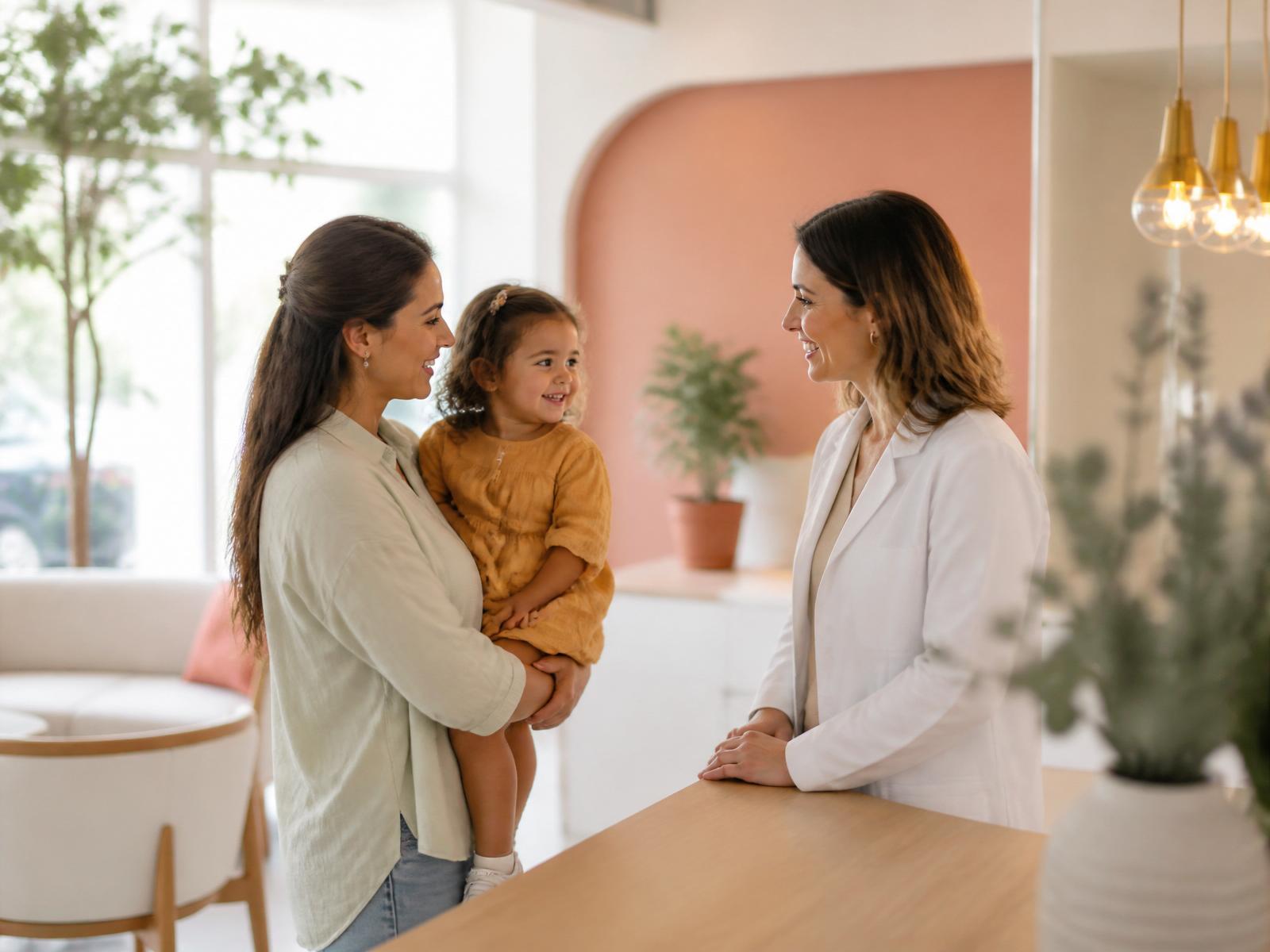 Recepção acolhedora da Clínica Vizzo com uma mãe, sua filha e uma especialista sorrindo.
